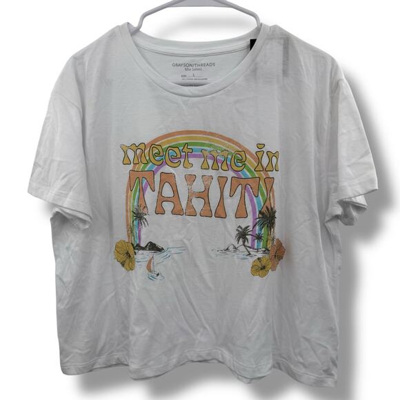 NEW Grayson Threads Crop Graphic Tee Size Large Tahiti Boho Rainbow Surfer Girl - Picture 1 of 5